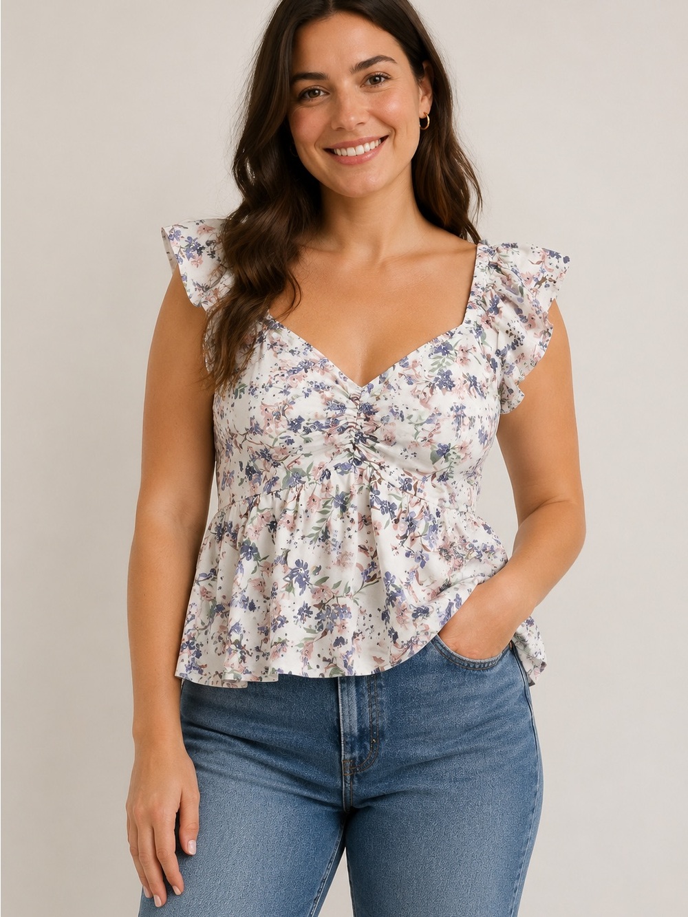 Japna White Floral Ruffle Peplum Camisole Large
